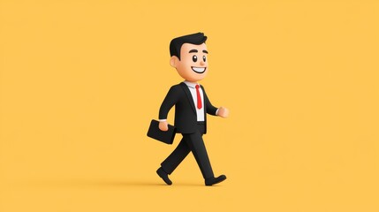 3D Cartoon Businessman Walking with Confidence Against a Bright Yellow Background, Ready for Success