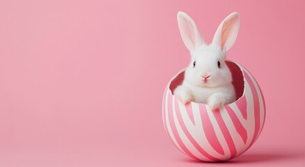 Cute White Easter bunny inside on Easter-striped egg on a pink background with copy space, an Easter concept.