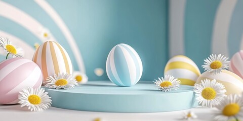 Easter-themed background with a podium and striped eggs, decorated with daisies. A podium for product presentation and Happy Easter Festival Concept, April 2025..