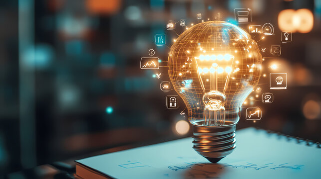Illuminating Innovation: A radiant light bulb, surrounded by digital icons, symbolizing the bright spark of innovation and ideas in a high-tech world. 