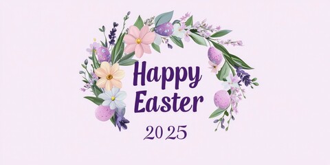 Happy Easter 2025 text, purple and green Easter wreath with flowers. Happy Easter, April 2025.