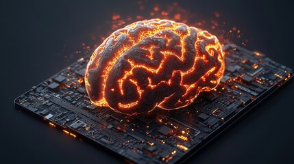 Brain on a motherboard with fire and neon glow effects in a high-tech digital environment