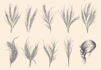 Golden Grain Collection: A collection of meticulously illustrated wheat stalks and a braid, showcasing the beauty of nature's bounty and the artistry of detailed drawings.