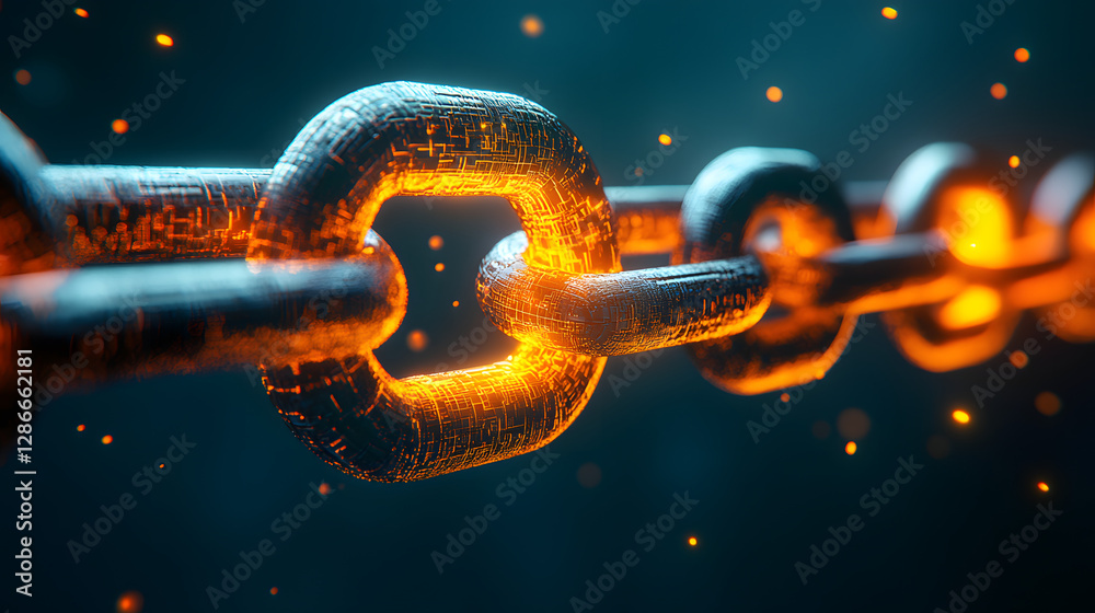 Poster conceptual abstract representation of a chain link surrounded by various elements and textures in a 