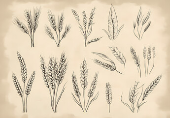 Wheat Harvest: Detailed, hand-drawn wheat illustrations on a textured background, ideal for design projects related to agriculture, food, or rustic themes.