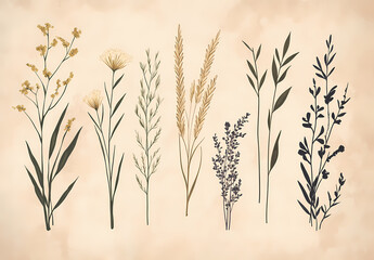Botanical Elegance: A curated selection of delicate botanical illustrations showcasing various wildflowers and grasses, rendered in a vintage-inspired aesthetic.
