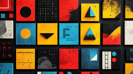 Colorful geometric poster with square shapes, each filled with unique symbols, gradients, and artistic textures