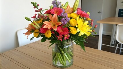 Vibrant floral arrangement in a clear glass vase on a wooden table, table setting, decorative
