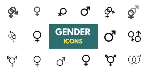 Line icons about gender identity. Contains such icons as equality, male, female, transgender, and genderqueer. Male female sign, men women symbol, toilet wc vector icon set, gender collection, 