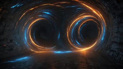 Obraz premium Vibrant blue and orange swirling vortex in a dark tunnel, creating a stunning bokeh effect, abstract, winding