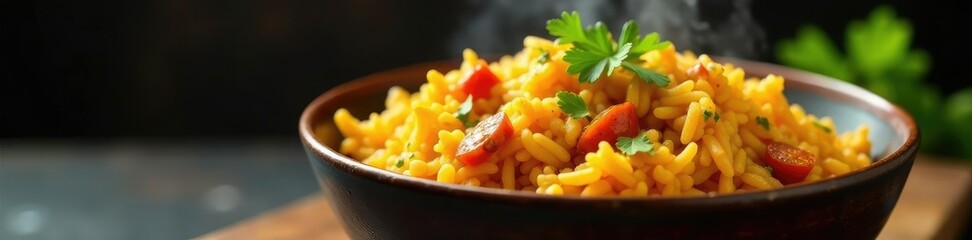 Steaming bowl of Indian curry rice dish garnished with chopped cilantro, blumenkohl, fresh