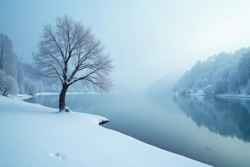 Snowy lake with a single snow-covered tree in front, serene lake scene, tranquil lake scene, wintery peace