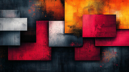 Eye-catching geometric poster with multicolored squares, each filled with artistic brush strokes, patterns, or futuristic elements