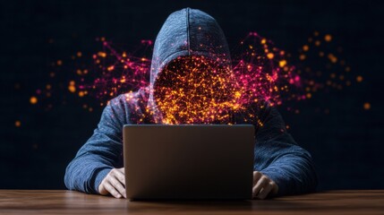 Person in hoodie using laptop at table representing cybercrime and hacking activities