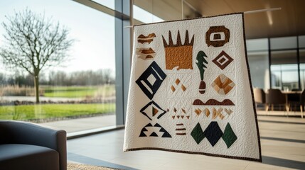 Quilted wall hanging with abstract pattern displayed in a room showcasing modern textile art decor