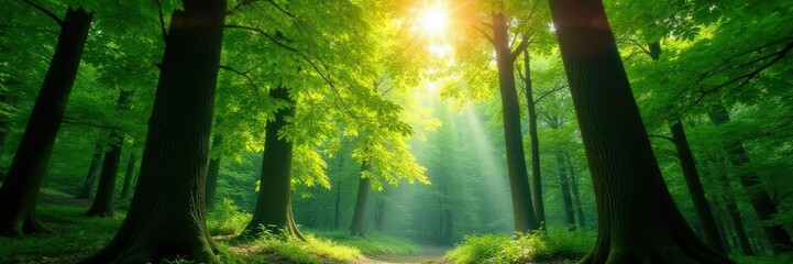 Obraz premium Dense forest canopy with sunlight filtering through leaves, tree branches, leafy woods