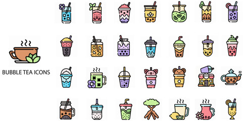 Bubble Tea simple concept 28 colour icons set. Contains such color, bubble, mouth .Vector illustration.