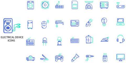  Electronic device icons. Containing wireless charging, charging station, electric car, lighting, electric socket, charging, battery status, electricity. Vector illustration.