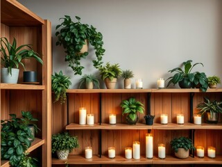 Wooden shelves lined with decorative plants and candles for a warm ambiance, indoor gardening, plant arrangements