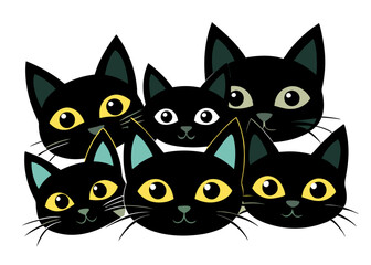 Set of black cats looking out of the corner. Collection of cat faces that spy on you. Playing pets. Tattoo