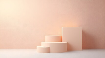 Minimalist Pink Geometric Display Platforms Against Textured Wall in Soft Lighting