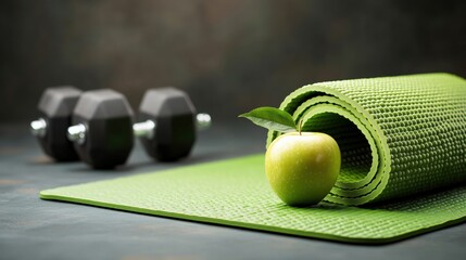 Green yoga mat with weights and a green apple on top for fitness and healthy lifestyle concepts
