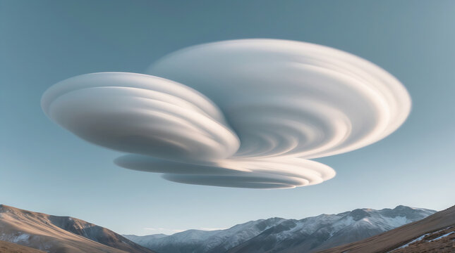 Unique lenticular cloud formation over mountainous landscape during daylight captures attention