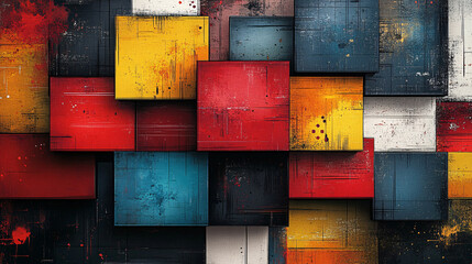 Eye-catching geometric poster with multicolored squares, each filled with artistic brush strokes, patterns, or futuristic elements