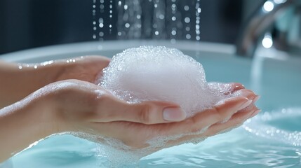 Fototapeta premium Hands holding a bubbly soap foam above a sparkling water surface