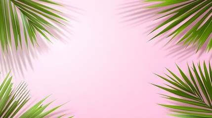 Lush Green Palm Leaves Framing a Soft Pink Background for a Tropical Summer Vibe