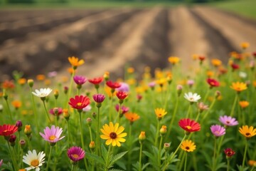 Obraz premium Wildflowers blooming in a field with a plowed background, earthy tones, rustic