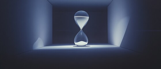 A solitary hourglass stands in a shadowy room, its sands dramatically lit, evoking a sense of mystery and the passage of time.