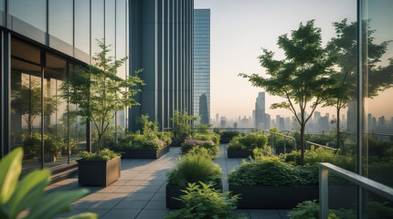 Urban garden terrace with lush greenery and skyline view at sunset overlooking modern cityscape