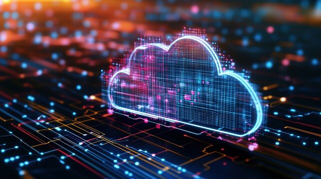 Cloud computing concept with glowing blue and pink cloud representing digital information data center