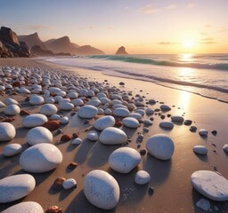 Obraz premium White marble pebbles on the beach at dawn with misty atmosphere, misty atmosphere, dawn light