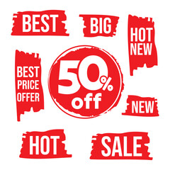 Sale tags for black Friday event special offer. Discount label and sticker collection with red color brush strokes vector illustration. Big hot new sale banner, template, poster.