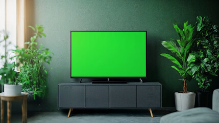 modern living room with tv with green screen