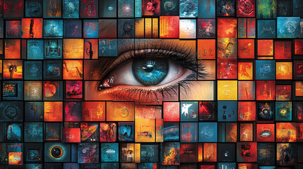 Eye-catching poster with a grid of colorful squares, each containing futuristic icons, typography, or artistic designs