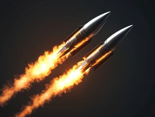 Dual Rocket Launch with Fiery Flames Emitting from Thrusters