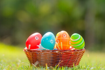 Fototapeta premium A wicker basket filled with colorful Easter eggs sits on fresh green grass, surrounded by a blurred natural background.