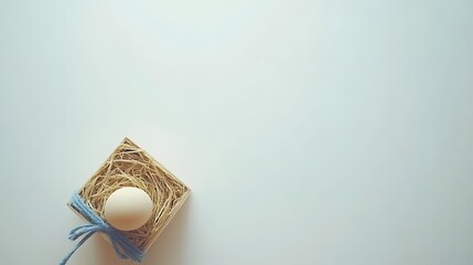 Natural Egg Nest with Soft Blue Ribbon on White Background Exuding Minimalist Charm