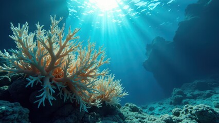 Fototapeta premium Underwater view of bleached coral reef with soft corals and sun rays streaming through clear water 