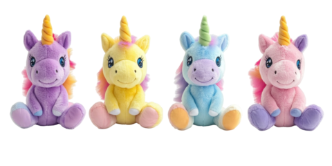 Four colorful toy unicorns