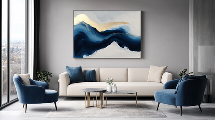 A modern living room with a comfortable beige sofa and blue chairs, complemented by a beautiful abstract wave painting in blue and gold, creating a stylish and serene atmosphere.