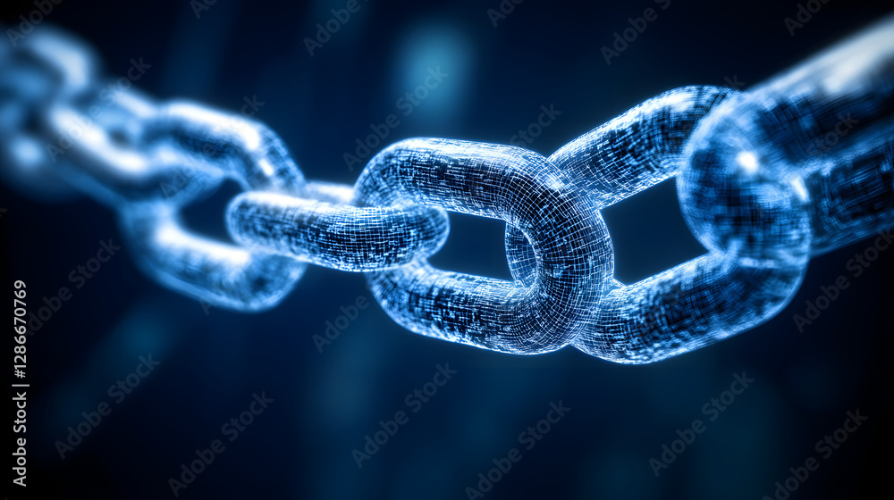 Poster conceptual depiction of a chain with a central link surrounded by abstract elements