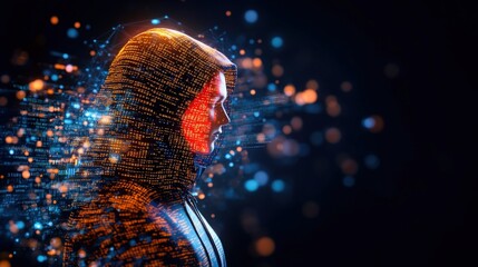 Man with glowing face and circuits in the background representing a cyberpunk hacker in a futuristic setting