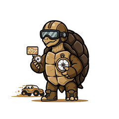 Cartoon Tortoise Explorer Holding Compass with Off-Road Jeep Adventure Theme