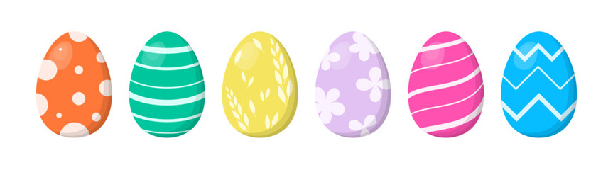 Colorful Easter eggs. Set of festive eggs with different patterns. Vector elements for design, decor, sticker, card, banner, sale.