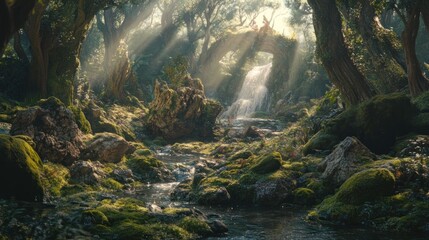 Enchanting Forest Stream with Waterfall and Sun Rays Through Trees