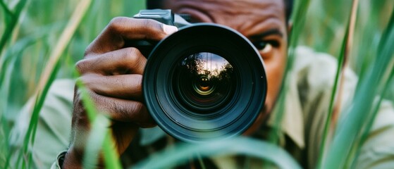 A photographer peers through a camera lens amid tall grass, capturing the essence of nature with focused determination and skill.